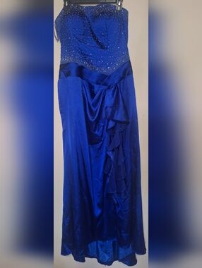 Womans Strapless Cobalt Royal Blue Ruffle Satin Hi Low Thigh High Slit Gown XL